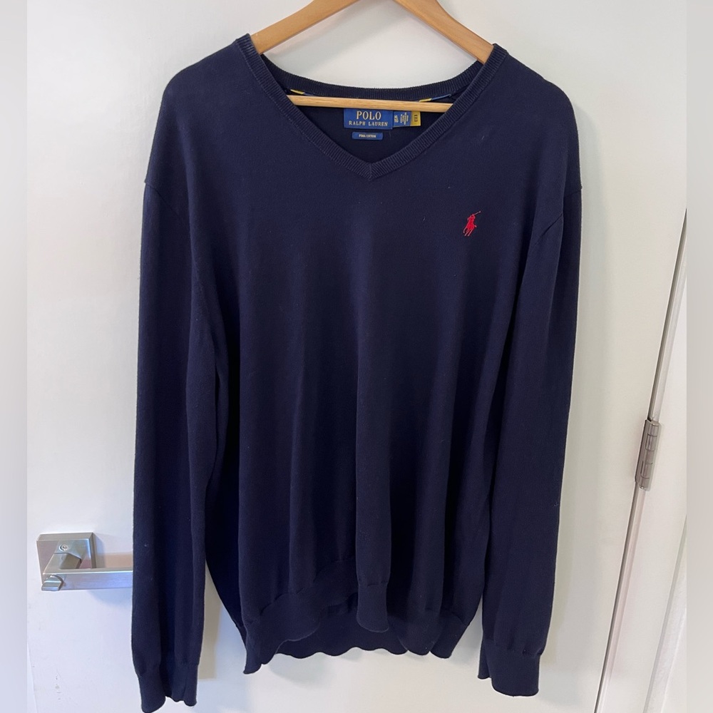 Ralph Lauren Navy V-Neck Sweater with Red Pony